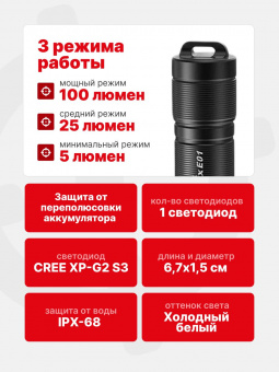 Фонарь Fenix E01 V2.0 100 люмен, Черный