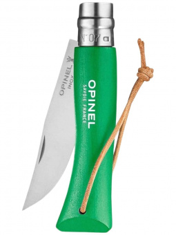Нож Opinel №07 TREKKING клинок 8см, нержавеющая сталь, кожаный темляк, зеленый (002210)
