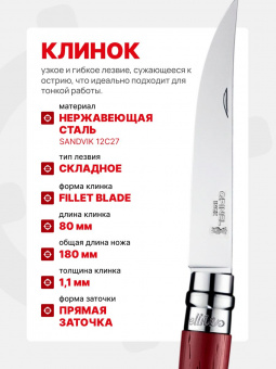 Нож филейный Opinel №08 клинок 8см, нержавеющая сталь, рукоять падук (002554)