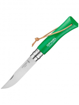 Нож Opinel №07 TREKKING клинок 8см, нержавеющая сталь, кожаный темляк, зеленый (002210)