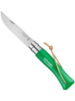 Нож Opinel №07 TREKKING клинок 8см, нержавеющая сталь, кожаный темляк, зеленый (002210)