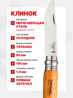 Нож Opinel Tradition №08 клинок 8,5см, нержавеющая сталь, рукоять бук (123080)