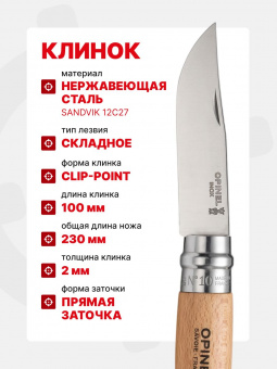Нож Opinel №10 клинок 10см, нержавеющая сталь, рукоять бук, блистер (001255)