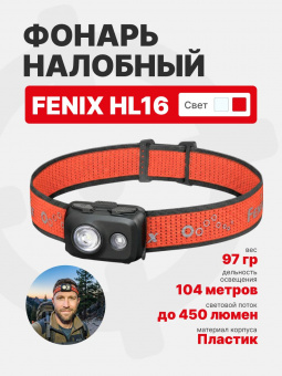 Фонарь Fenix HL16 налобный ультралегкий 450 люмен