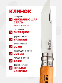 Нож Opinel Tradition №09 клинок 9см, нержавеющая сталь, рукоять бук (001083)