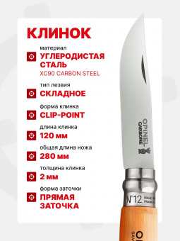 Нож Opinel №12 клинок 12см, углеродистая сталь, рукоять бук, блистер (001256)