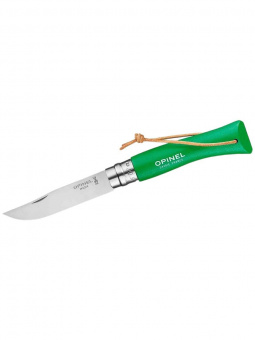 Нож Opinel №07 TREKKING клинок 8см, нержавеющая сталь, кожаный темляк, зеленый (002210)