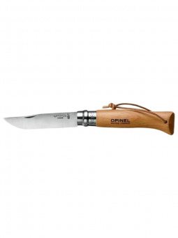Нож Opinel №08 клинок 8,5см, нержавеющая сталь, рукоять бук, кожаный темляк (001321)