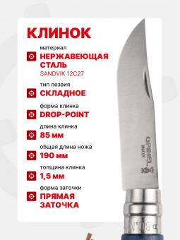 Нож Opinel №08 TREKKING клинок 8,5см, нержавеющая сталь, кожаный темляк, синий (002212)