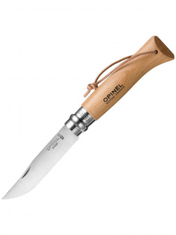 Нож Opinel №08 клинок 8,5см, нержавеющая сталь, рукоять бук, кожаный темляк (001321)